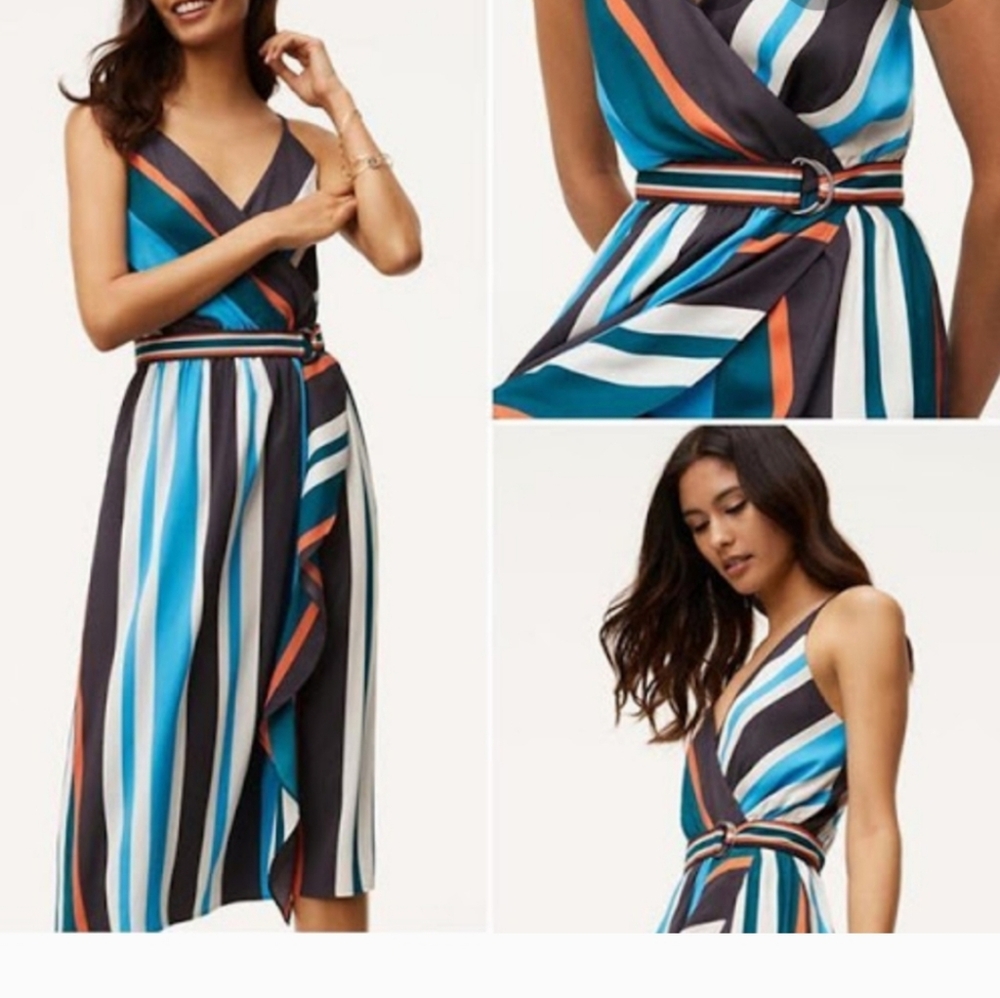 LOFT Blue and Orange Striped Midi Dress